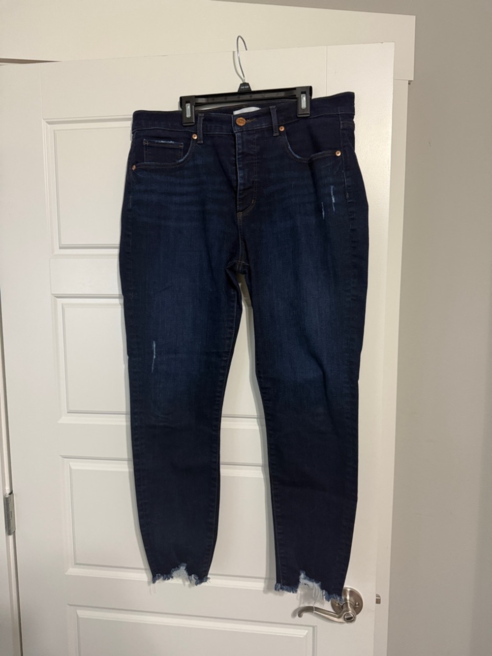 LOFT Dark Indigo Skinny Jeans with Distressed Hem